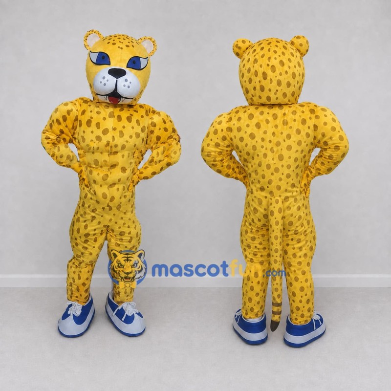 Custom Yellow and Black Spotted Cat in Sneakers Mascot Costume Adult Full Body Suit for Sports Events Custom Yellow and Black Spotted Cat in Sneakers Mascot Costume Adult Full Body Suit for Sports Events