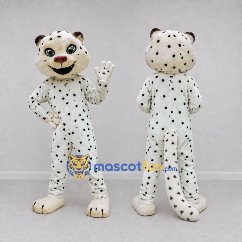 Custom White and Black Spotted Cat Mascot Costume Adult Full Body Suit for Wildlife Events Custom White and Black Spotted Cat Mascot Costume Adult Full Body Suit for Wildlife Events