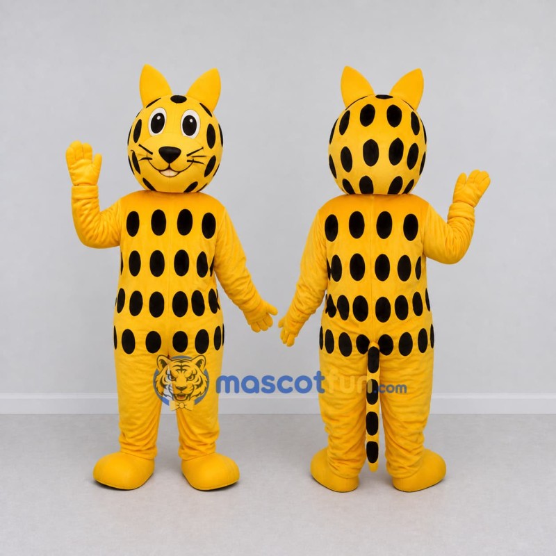 Custom Yellow and Black Spotted Cat Mascot Costume Adult Full Body Suit for School Events Custom Yellow and Black Spotted Cat Mascot Costume Adult Full Body Suit for School Events