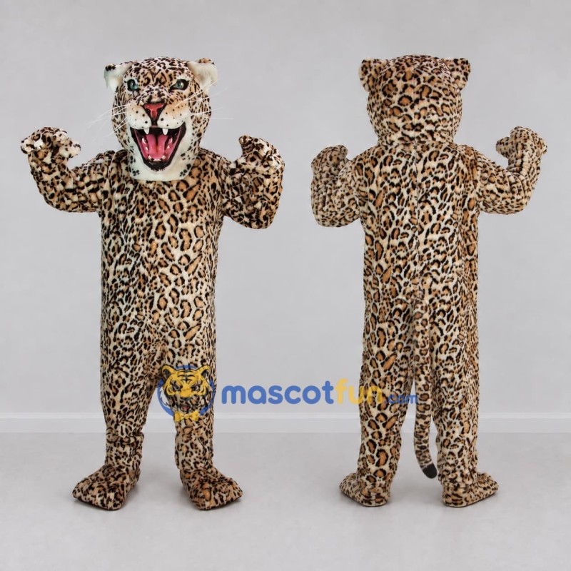 Custom Tan and Black Roaring Leopard Mascot Costume Adult Full Body Suit for Wildlife Events Custom Tan and Black Roaring Leopard Mascot Costume Adult Full Body Suit for Wildlife Events