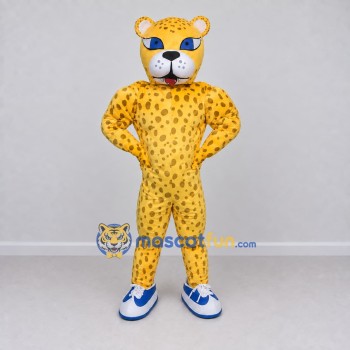 Custom Yellow and Black Spotted Cat in Sneakers Mascot Costume Adult Full Body Suit for Sports Events Custom Yellow and Black Spotted Cat in Sneakers Mascot Costume Adult Full Body Suit for Sports Events