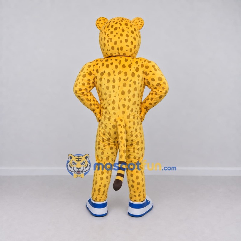 Custom Yellow and Black Spotted Cat in Sneakers Mascot Costume Adult Full Body Suit for Sports Events Custom Yellow and Black Spotted Cat in Sneakers Mascot Costume Adult Full Body Suit for Sports Events