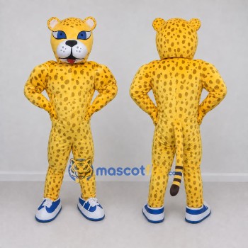 Custom Yellow and Black Spotted Cat in Sneakers Mascot Costume Adult Full Body Suit for Sports Events