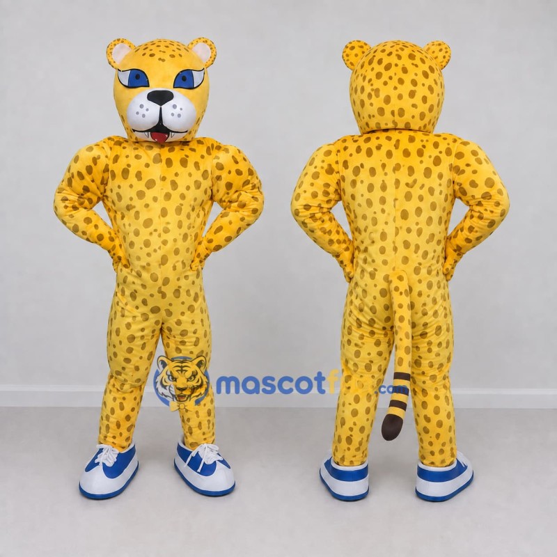 Custom Yellow and Black Spotted Cat in Sneakers Mascot Costume Adult Full Body Suit for Sports Events Custom Yellow and Black Spotted Cat in Sneakers Mascot Costume Adult Full Body Suit for Sports Events