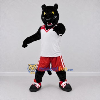Custom Black Red and White Panther in Sportswear Mascot Costume Adult Full Body Suit for Sports Events