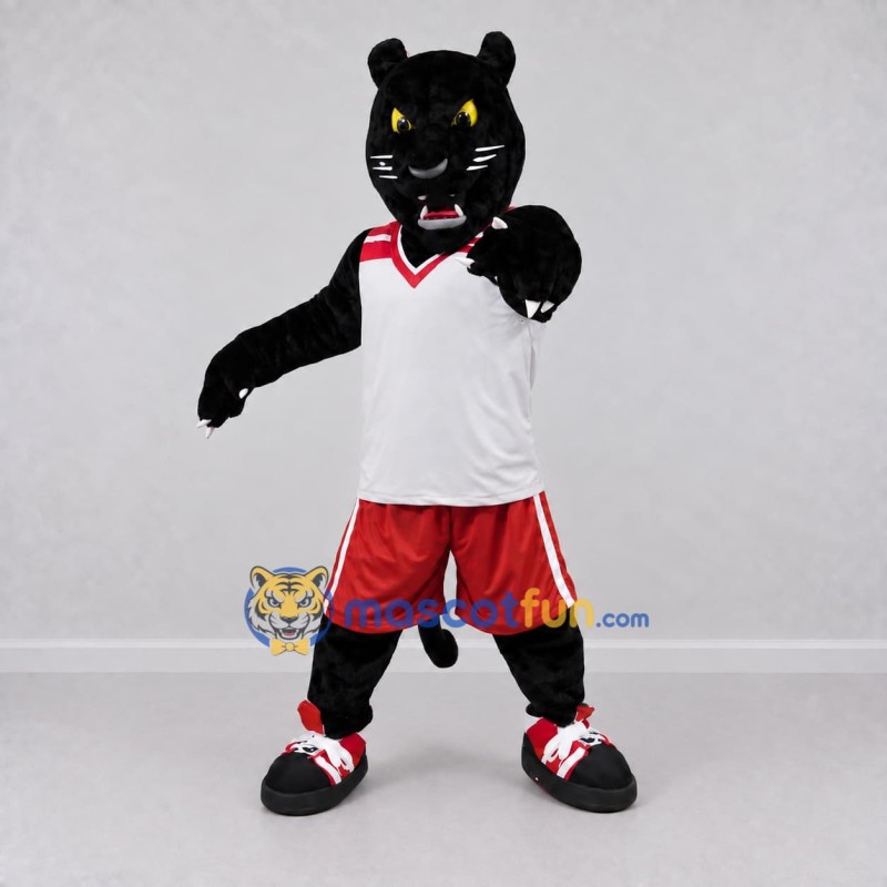 Custom Black Red and White Panther in Sportswear Mascot Costume Adult Full Body Suit for Sports Events Custom Black Red and White Panther in Sportswear Mascot Costume Adult Full Body Suit for Sports Events
