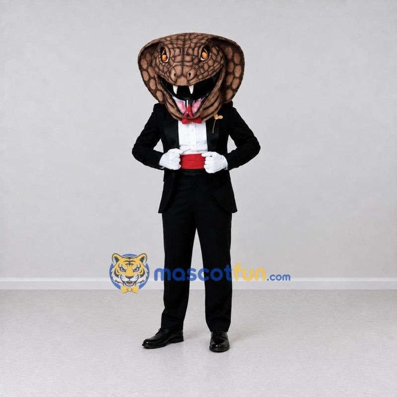 Custom Brown and Black Cobra in Tuxedo Mascot Costume Adult Full Body Suit for Themed Parties Custom Brown and Black Cobra in Tuxedo Mascot Costume Adult Full Body Suit for Themed Parties