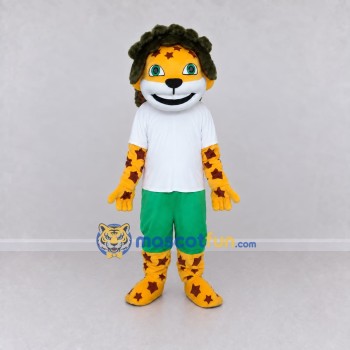 Custom Yellow Green and White Star Spotted Feline in Sportswear Mascot Costume Adult Full Body Suit for Sports Events