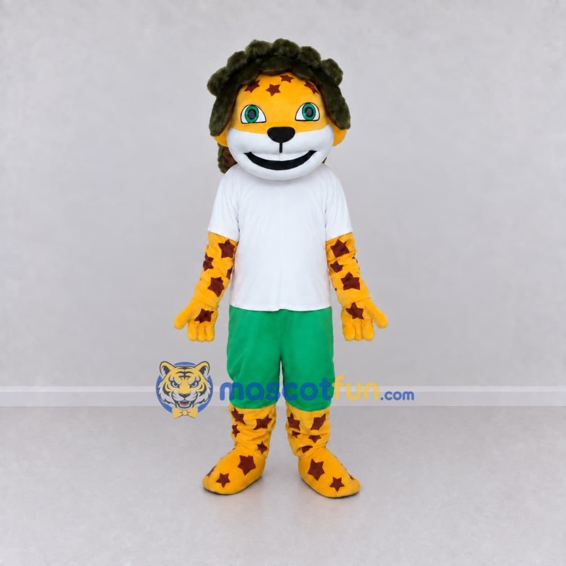 Custom Yellow Green and White Star Spotted Feline in Sportswear Mascot Costume Adult Full Body Suit for Sports Events Custom Yellow Green and White Star Spotted Feline in Sportswear Mascot Costume Adult Full Body Suit for Sports Events