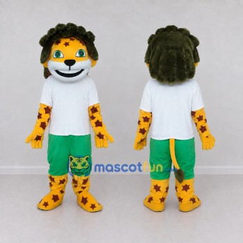 Custom Yellow Green and White Star Spotted Feline in Sportswear Mascot Costume Adult Full Body Suit for Sports Events