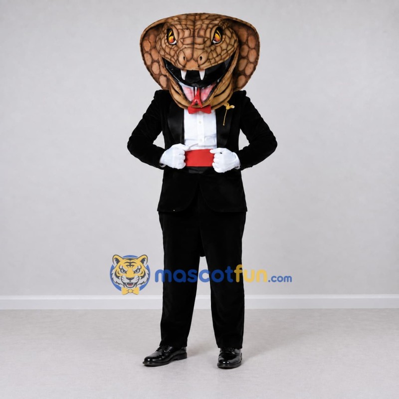 Custom Brown and Black Cobra in Tuxedo Mascot Costume Adult Full Body Suit for Themed Parties Custom Brown and Black Cobra in Tuxedo Mascot Costume Adult Full Body Suit for Themed Parties
