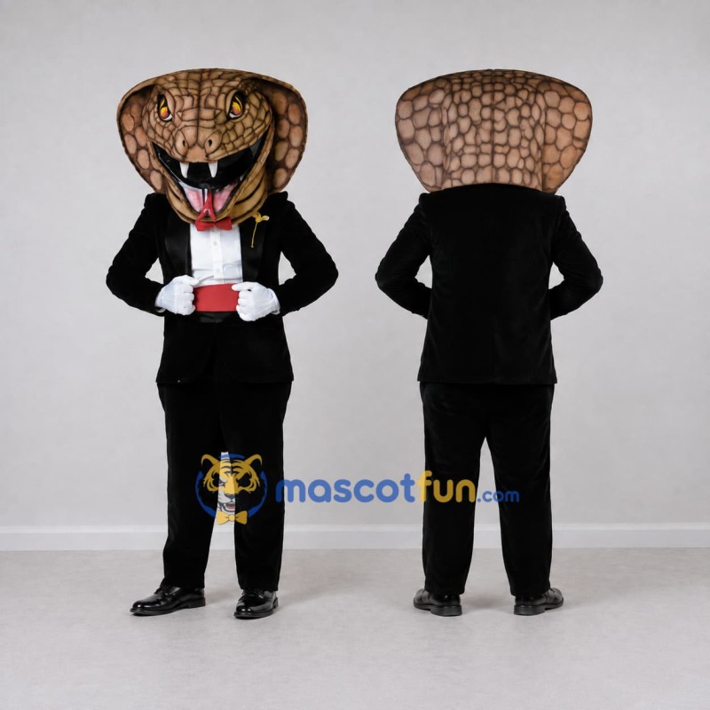 Custom Brown and Black Cobra in Tuxedo Mascot Costume Adult Full Body Suit for Themed Parties Custom Brown and Black Cobra in Tuxedo Mascot Costume Adult Full Body Suit for Themed Parties