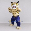 Custom Tan Black and Blue Spotted Wild Cat in Pants Mascot Costume Adult Full Body Suit for Sports Events Custom Tan Black and Blue Spotted Wild Cat in Pants Mascot Costume Adult Full Body Suit for Sports Events
