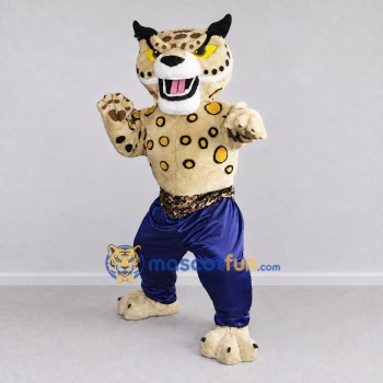Custom Tan Black and Blue Spotted Wild Cat in Pants Mascot Costume Adult Full Body Suit for Sports Events