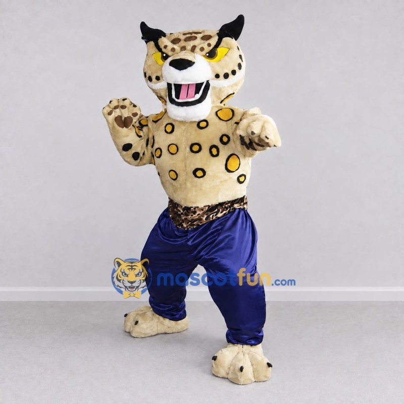 Custom Tan Black and Blue Spotted Wild Cat in Pants Mascot Costume Adult Full Body Suit for Sports Events Custom Tan Black and Blue Spotted Wild Cat in Pants Mascot Costume Adult Full Body Suit for Sports Events