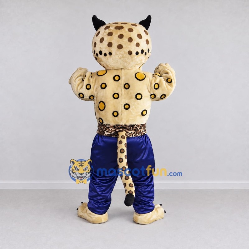 Custom Tan Black and Blue Spotted Wild Cat in Pants Mascot Costume Adult Full Body Suit for Sports Events Custom Tan Black and Blue Spotted Wild Cat in Pants Mascot Costume Adult Full Body Suit for Sports Events