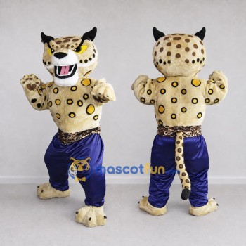 Custom Tan Black and Blue Spotted Wild Cat in Pants Mascot Costume Adult Full Body Suit for Sports Events