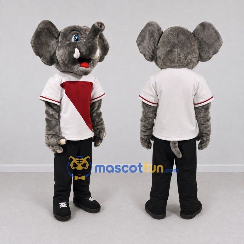Custom Gray Red and White Elephant in Sportswear Mascot Costume Adult Full Body Suit for Sports Events Custom Gray Red and White Elephant in Sportswear Mascot Costume Adult Full Body Suit for Sports Events