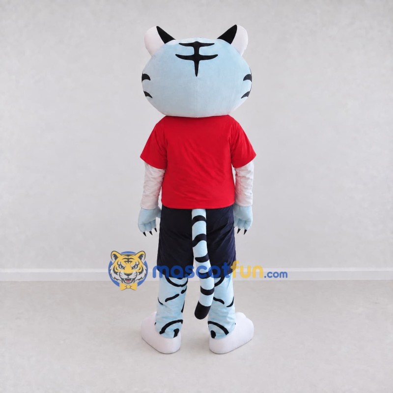 Custom Light Blue and Red Tiger in Sportswear Mascot Costume Adult Full Body Suit for Sports Events Custom Light Blue and Red Tiger in Sportswear Mascot Costume Adult Full Body Suit for Sports Events
