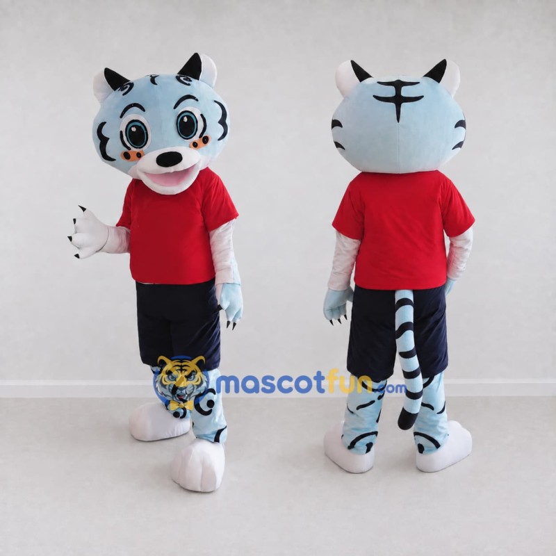 Custom Light Blue and Red Tiger in Sportswear Mascot Costume Adult Full Body Suit for Sports Events Custom Light Blue and Red Tiger in Sportswear Mascot Costume Adult Full Body Suit for Sports Events