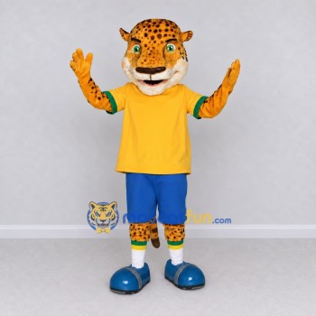 Custom Yellow and Blue Spotted Cat in Sportswear Mascot Costume Adult Full Body Suit for Sports Events