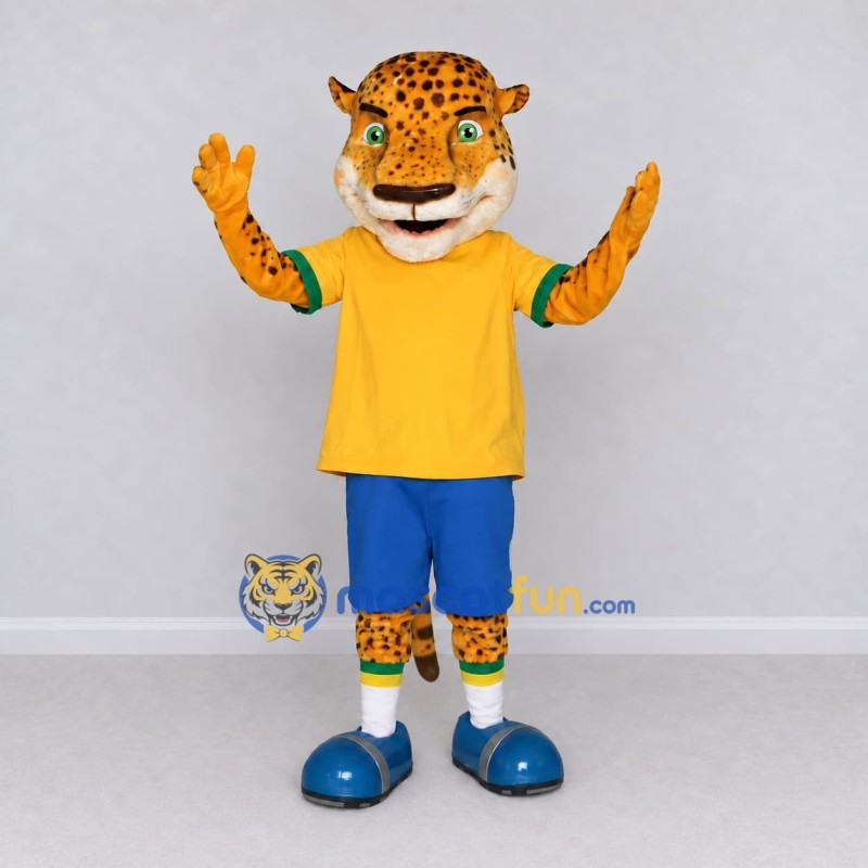 Custom Yellow and Blue Spotted Cat in Sportswear Mascot Costume Adult Full Body Suit for Sports Events Custom Yellow and Blue Spotted Cat in Sportswear Mascot Costume Adult Full Body Suit for Sports Events