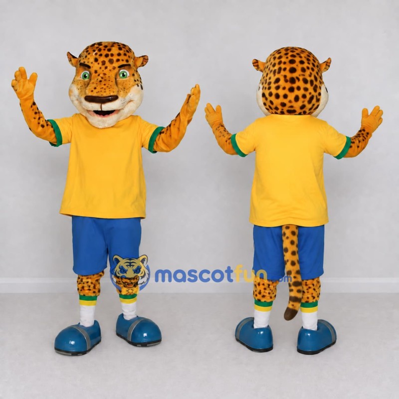 Custom Yellow and Blue Spotted Cat in Sportswear Mascot Costume Adult Full Body Suit for Sports Events Custom Yellow and Blue Spotted Cat in Sportswear Mascot Costume Adult Full Body Suit for Sports Events