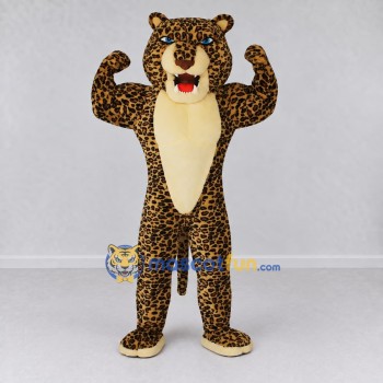 Custom Brown Black and Cream Muscular Leopard Mascot Costume Adult Full Body Suit for Sports Events