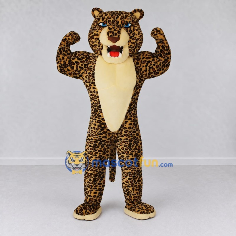 Custom Brown Black and Cream Muscular Leopard Mascot Costume Adult Full Body Suit for Sports Events Custom Brown Black and Cream Muscular Leopard Mascot Costume Adult Full Body Suit for Sports Events