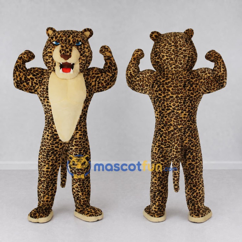 Custom Brown Black and Cream Muscular Leopard Mascot Costume Adult Full Body Suit for Sports Events Custom Brown Black and Cream Muscular Leopard Mascot Costume Adult Full Body Suit for Sports Events