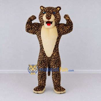 Custom Brown Black and Cream Muscular Leopard Mascot Costume Adult Full Body Suit for Sports Events