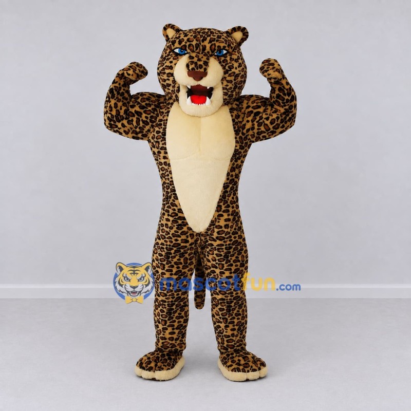Custom Brown Black and Cream Muscular Leopard Mascot Costume Adult Full Body Suit for Sports Events Custom Brown Black and Cream Muscular Leopard Mascot Costume Adult Full Body Suit for Sports Events
