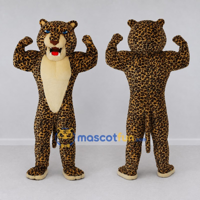 Custom Brown Black and Cream Muscular Leopard Mascot Costume Adult Full Body Suit for Sports Events Custom Brown Black and Cream Muscular Leopard Mascot Costume Adult Full Body Suit for Sports Events