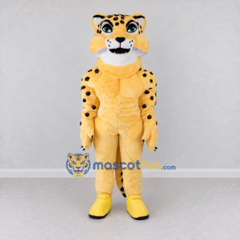 Custom Yellow and Black Muscular Spotted Cat Mascot Costume Adult Full Body Suit for Sports Events Custom Yellow and Black Muscular Spotted Cat Mascot Costume Adult Full Body Suit for Sports Events
