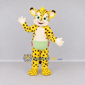 Custom Yellow and Black Spotted Cat in Shorts Mascot Costume Adult Full Body Suit for School Events Custom Yellow and Black Spotted Cat in Shorts Mascot Costume Adult Full Body Suit for School Events