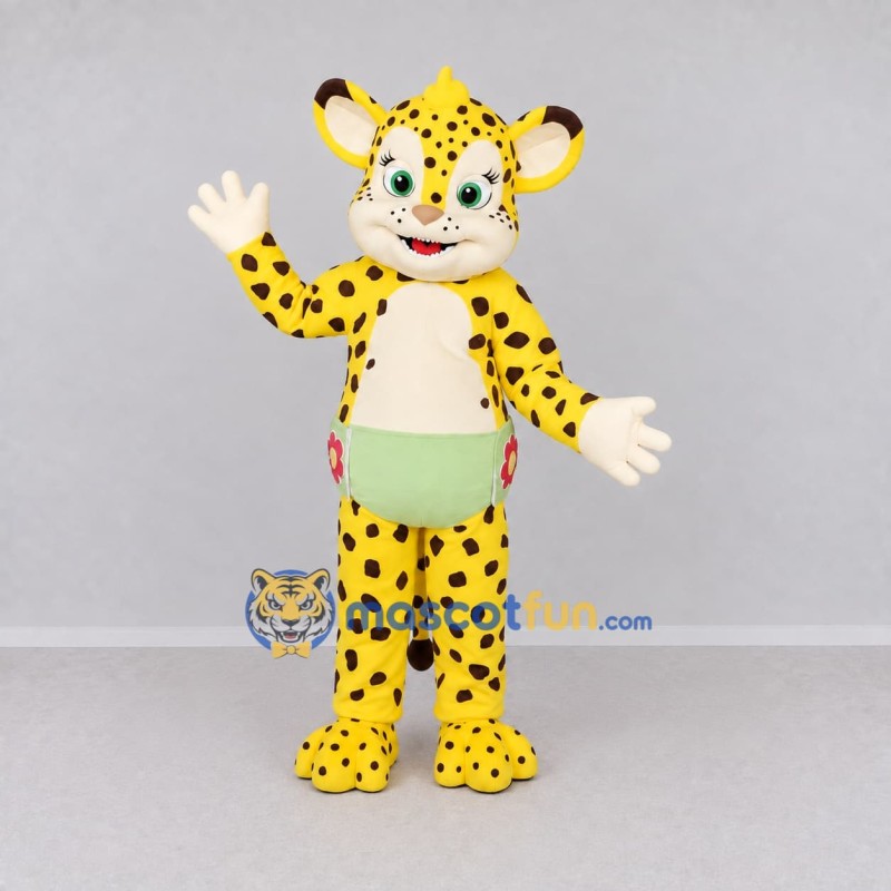 Custom Yellow and Black Spotted Cat in Shorts Mascot Costume Adult Full Body Suit for School Events