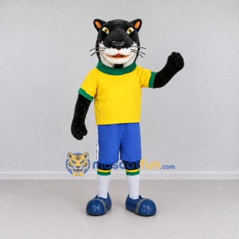 Custom Black Yellow and Blue Panther in Sportswear Mascot Costume Adult Full Body Suit for Sports Events Custom Black Yellow and Blue Panther in Sportswear Mascot Costume Adult Full Body Suit for Sports Events