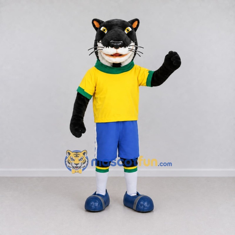 Custom Black Yellow and Blue Panther in Sportswear Mascot Costume Adult Full Body Suit for Sports Events Custom Black Yellow and Blue Panther in Sportswear Mascot Costume Adult Full Body Suit for Sports Events