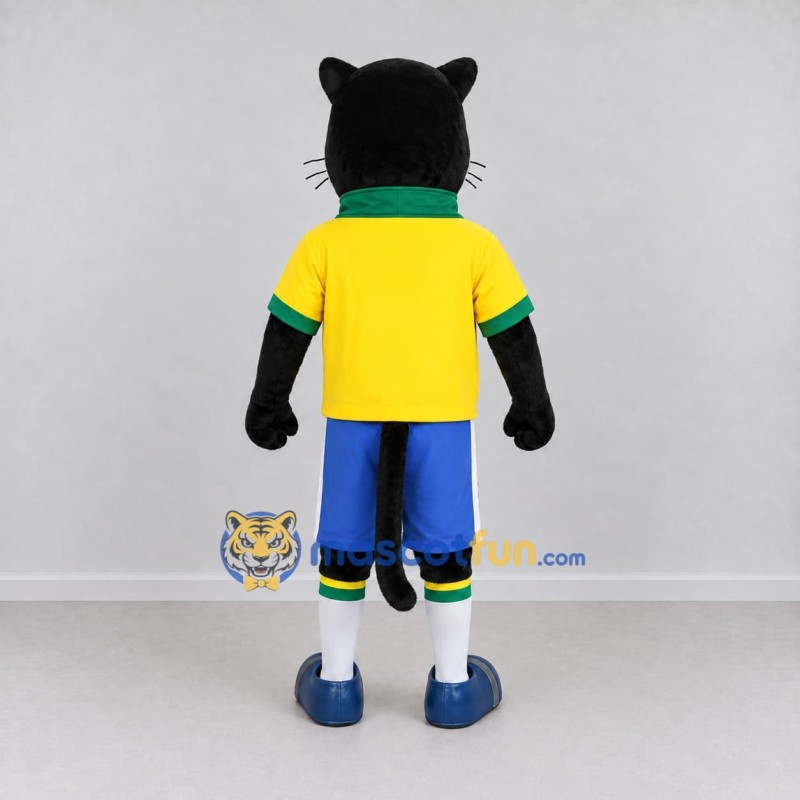 Custom Black Yellow and Blue Panther in Sportswear Mascot Costume Adult Full Body Suit for Sports Events Custom Black Yellow and Blue Panther in Sportswear Mascot Costume Adult Full Body Suit for Sports Events