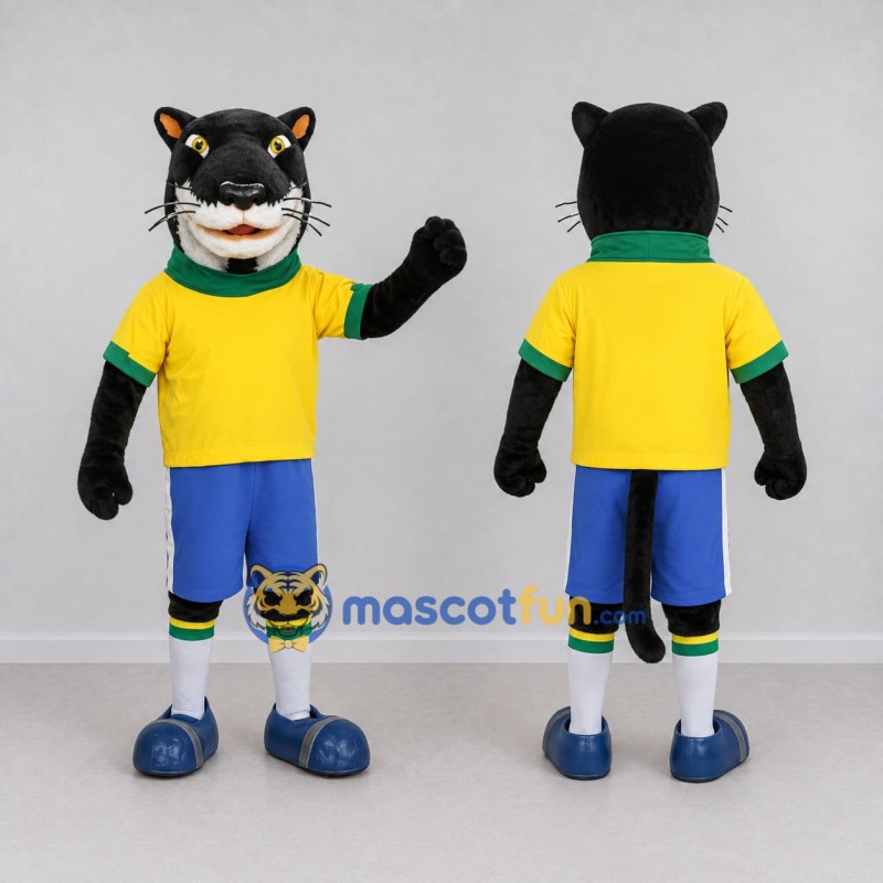 Custom Black Yellow and Blue Panther in Sportswear Mascot Costume Adult Full Body Suit for Sports Events Custom Black Yellow and Blue Panther in Sportswear Mascot Costume Adult Full Body Suit for Sports Events