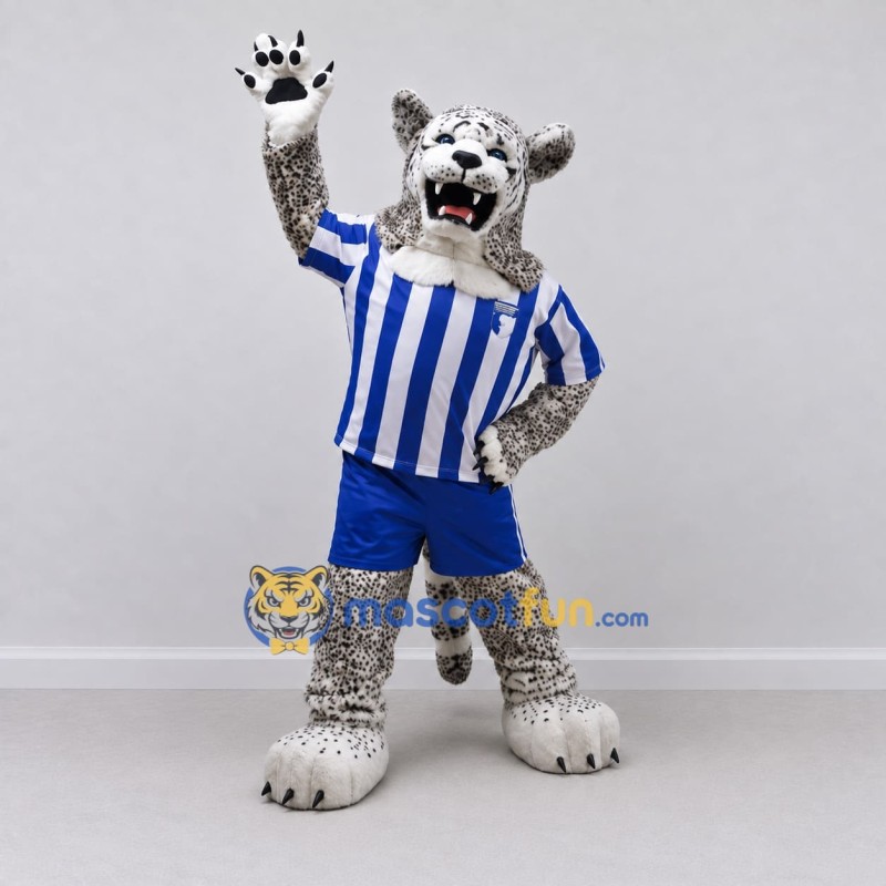 Custom Gray Blue and White Snow Leopard in Sportswear Mascot Costume Adult Full Body Suit for Sports Events Custom Gray Blue and White Snow Leopard in Sportswear Mascot Costume Adult Full Body Suit for Sports Events