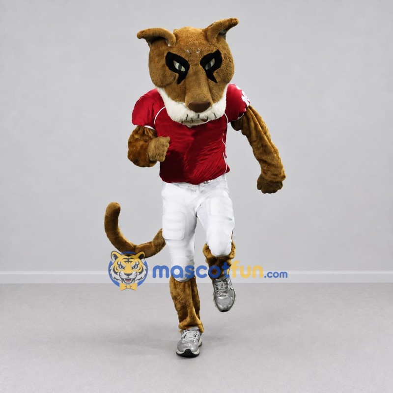 Custom Tan Red and White Big Cat in Sportswear Mascot Costume Adult Full Body Suit for Sports Events Custom Tan Red and White Big Cat in Sportswear Mascot Costume Adult Full Body Suit for Sports Events