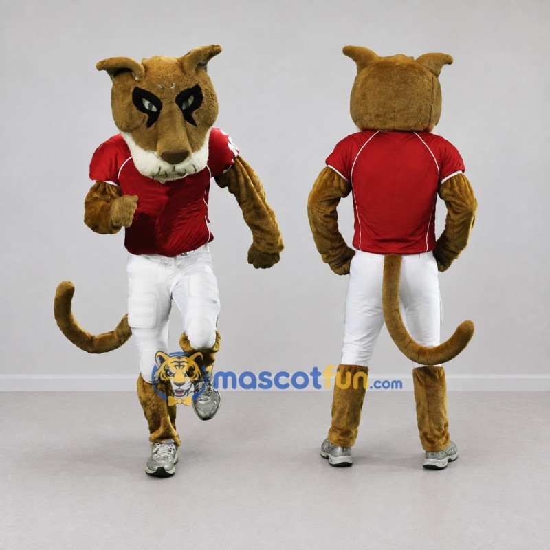 Custom Tan Red and White Big Cat in Sportswear Mascot Costume Adult Full Body Suit for Sports Events Custom Tan Red and White Big Cat in Sportswear Mascot Costume Adult Full Body Suit for Sports Events