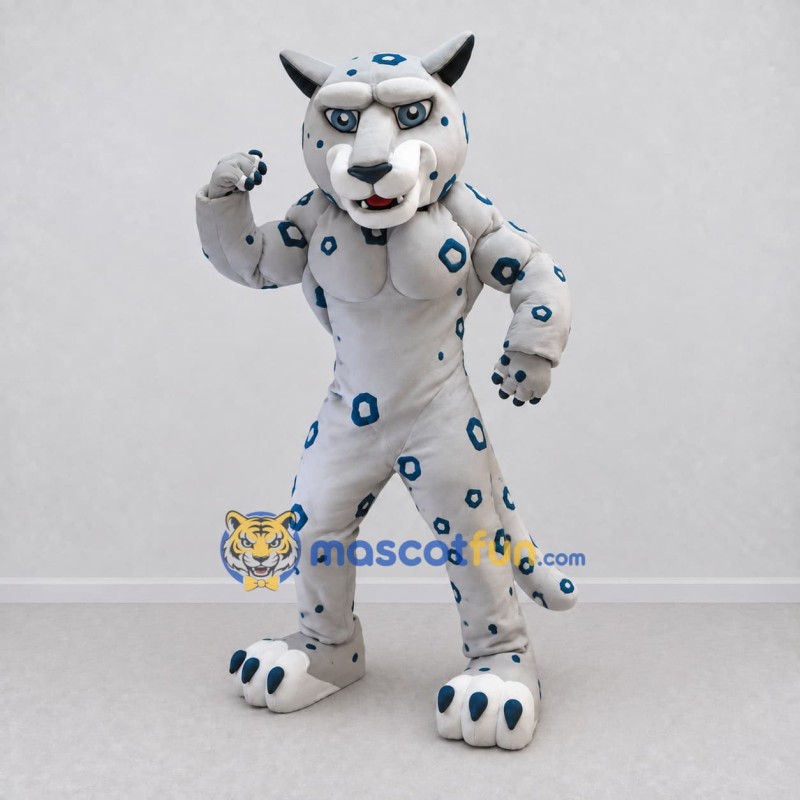 Custom White and Blue Muscular Spotted Wild Cat Mascot Costume Adult Full Body Suit for Sports Events Custom White and Blue Muscular Spotted Wild Cat Mascot Costume Adult Full Body Suit for Sports Events