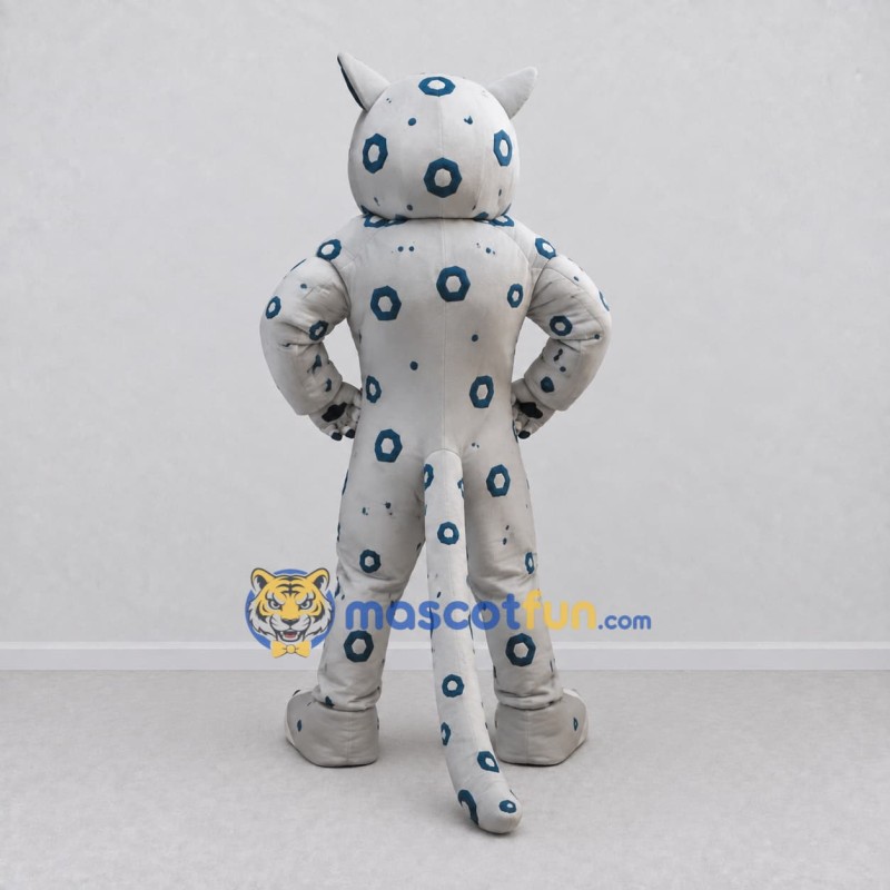 Custom White and Blue Muscular Spotted Wild Cat Mascot Costume Adult Full Body Suit for Sports Events Custom White and Blue Muscular Spotted Wild Cat Mascot Costume Adult Full Body Suit for Sports Events