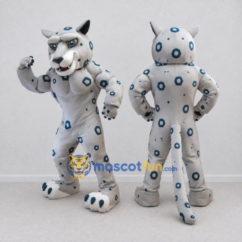 Custom White and Blue Muscular Spotted Wild Cat Mascot Costume Adult Full Body Suit for Sports Events
