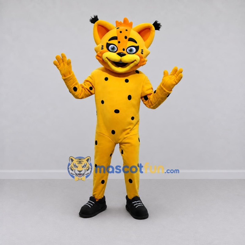 Custom Yellow and Black Tufted Spotted Cat Mascot Costume Adult Full Body Suit for School Events Custom Yellow and Black Tufted Spotted Cat Mascot Costume Adult Full Body Suit for School Events