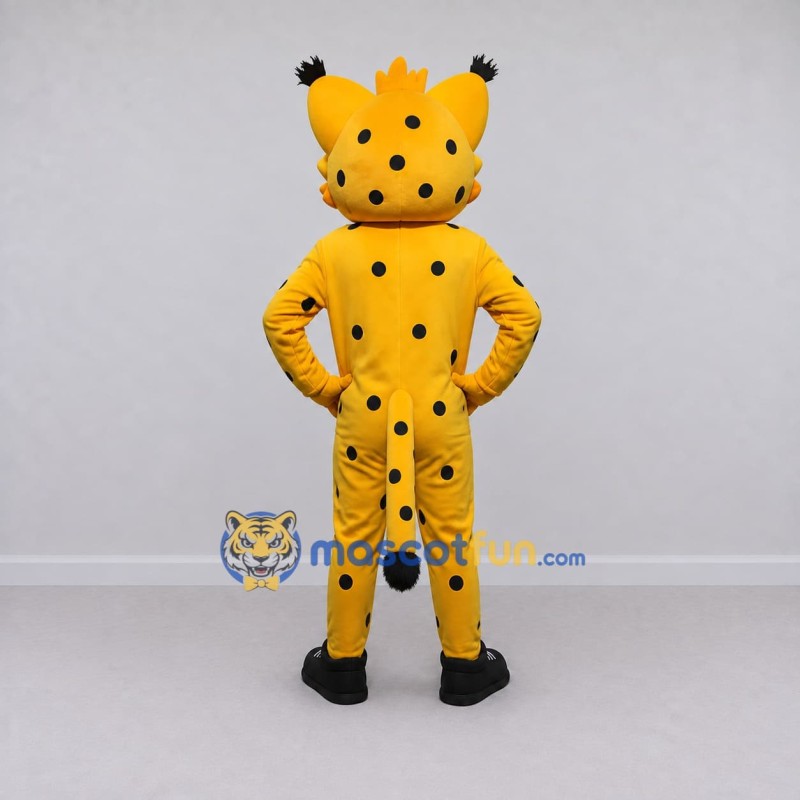 Custom Yellow and Black Tufted Spotted Cat Mascot Costume Adult Full Body Suit for School Events Custom Yellow and Black Tufted Spotted Cat Mascot Costume Adult Full Body Suit for School Events