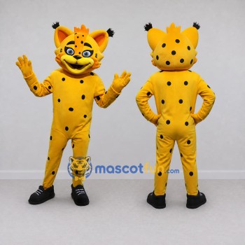 Custom Yellow and Black Tufted Spotted Cat Mascot Costume Adult Full Body Suit for School Events
