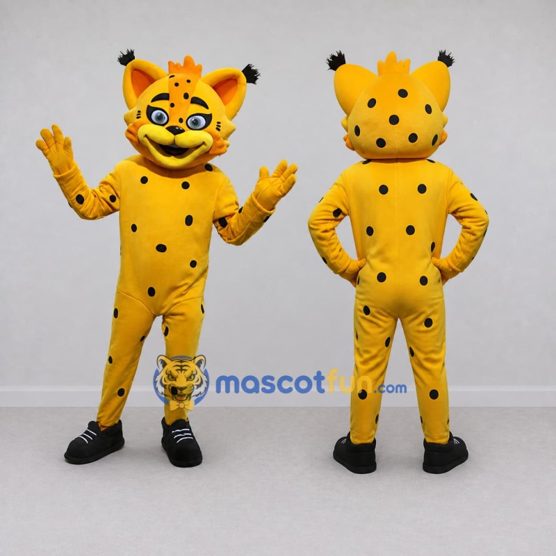Custom Yellow and Black Tufted Spotted Cat Mascot Costume Adult Full Body Suit for School Events Custom Yellow and Black Tufted Spotted Cat Mascot Costume Adult Full Body Suit for School Events